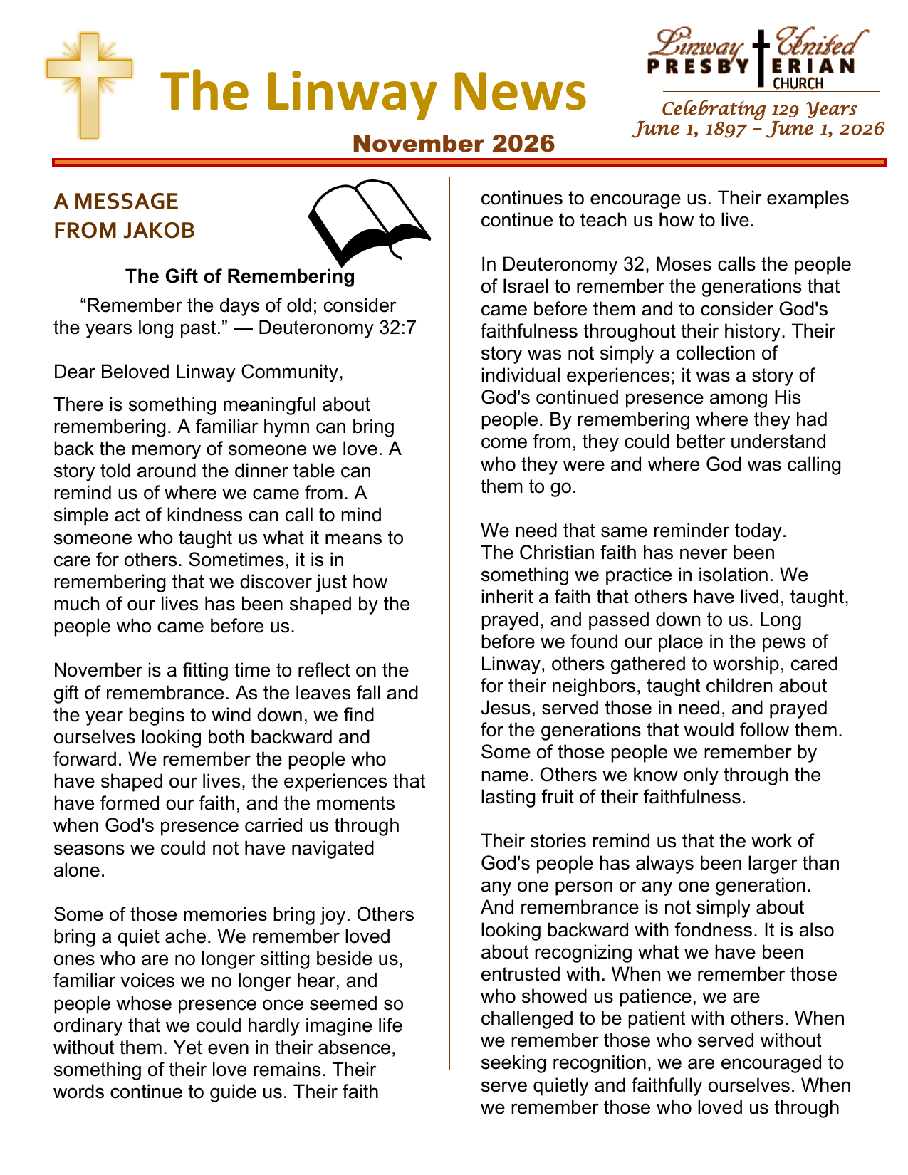 Message from the Pastor: The Gift of Remembering – The Linway News (November 2026)