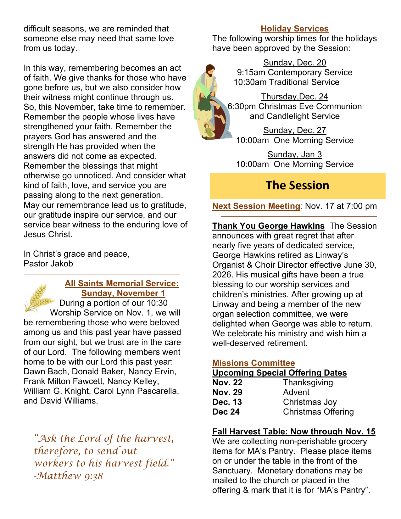 All Saints Memorial Service, Holiday Services & The Session – The Linway News (November 2026)