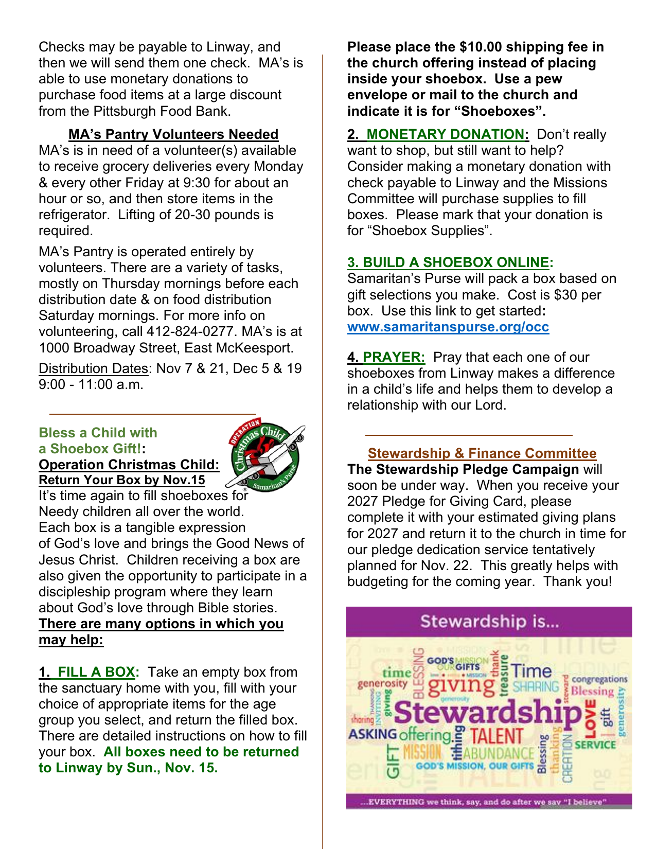 Operation Christmas Child, 2027 Pledge & MA's Pantry – The Linway News (November 2026)