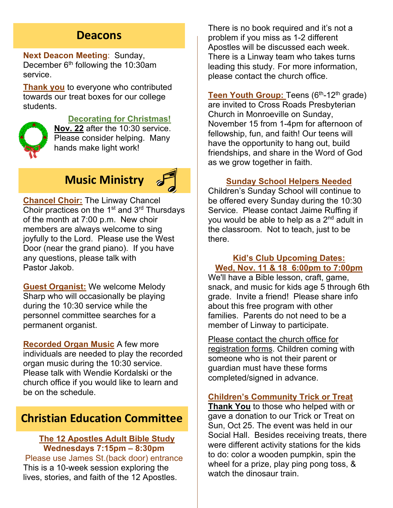 Deacons, Christmas Decorating & Bible Study – The Linway News (November 2026)