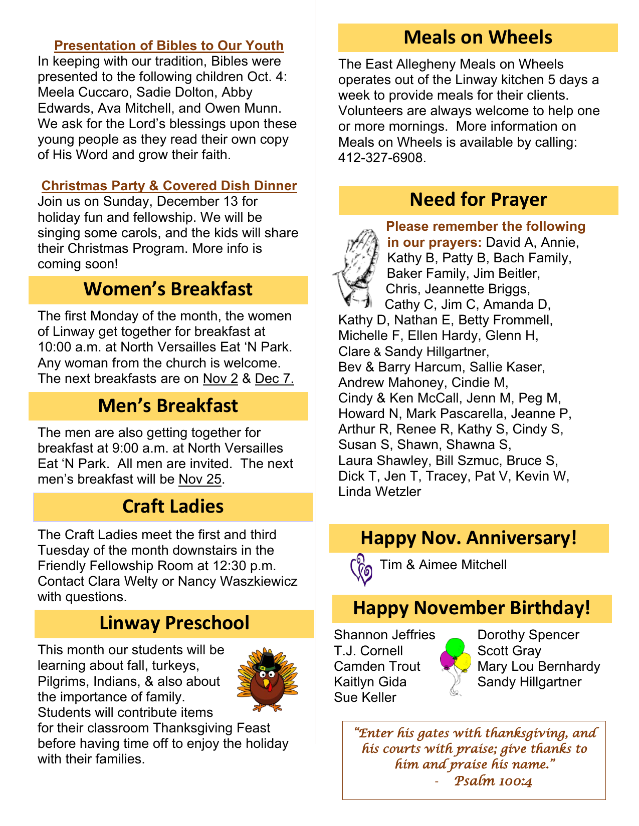 Presentation of Bibles, Christmas Party & Birthdays – The Linway News (November 2026)