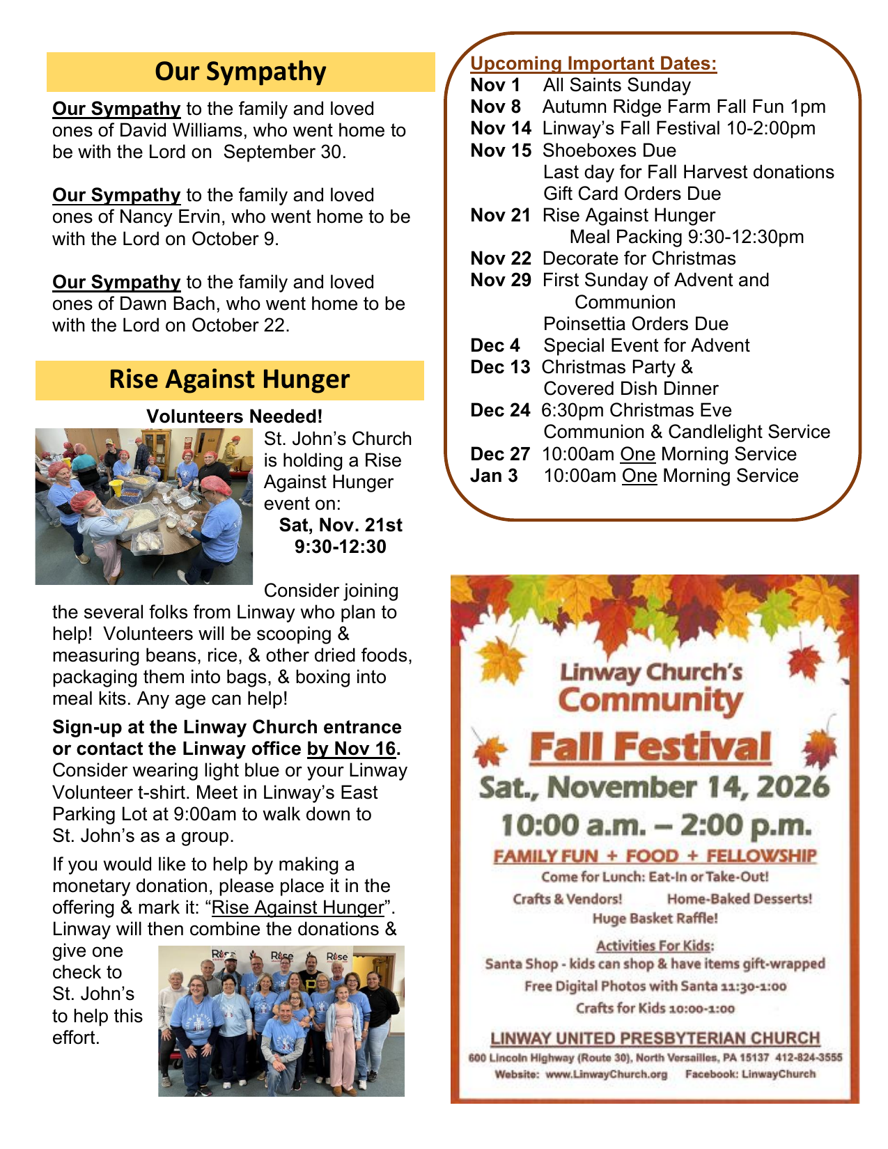 Our Sympathy, Rise Against Hunger & Important Dates – The Linway News (November 2026)