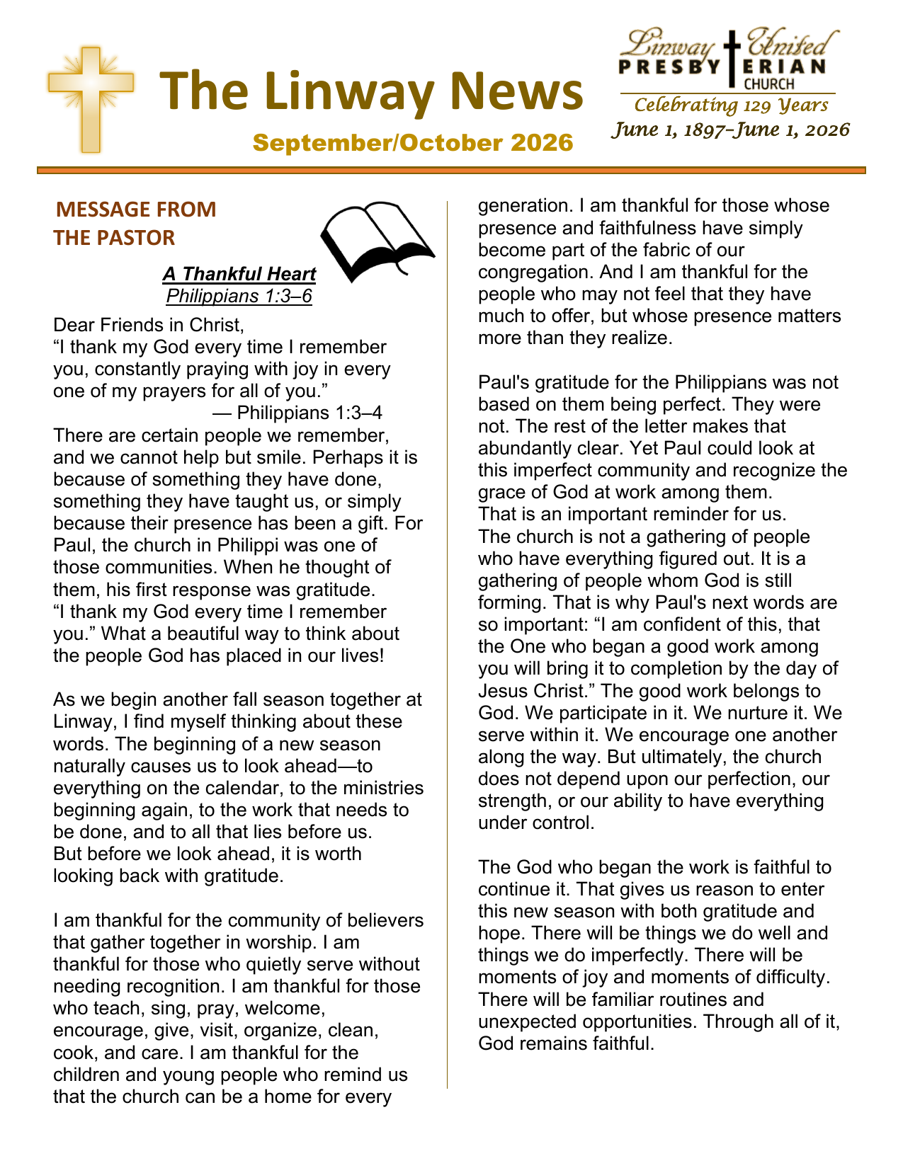 Message from the Pastor: A Thankful Heart – The Linway News (September/October 2026)