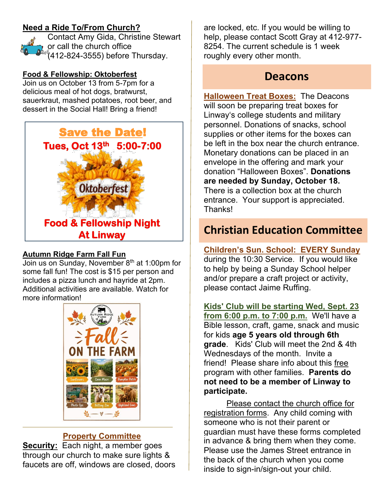 Food & Fellowship / Deacons / Kids Club – The Linway News (September/October 2026)