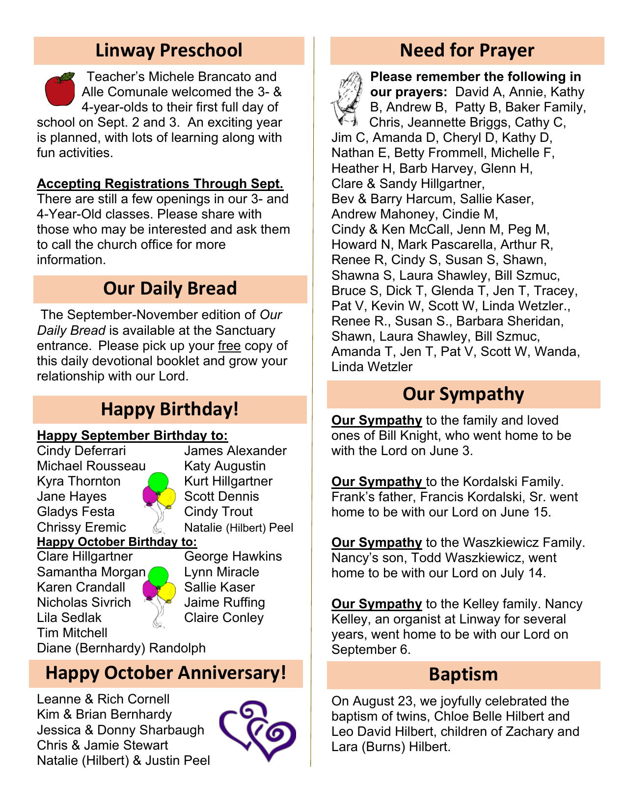 Linway Preschool, Birthdays & Prayer Requests – The Linway News (September/October 2026)