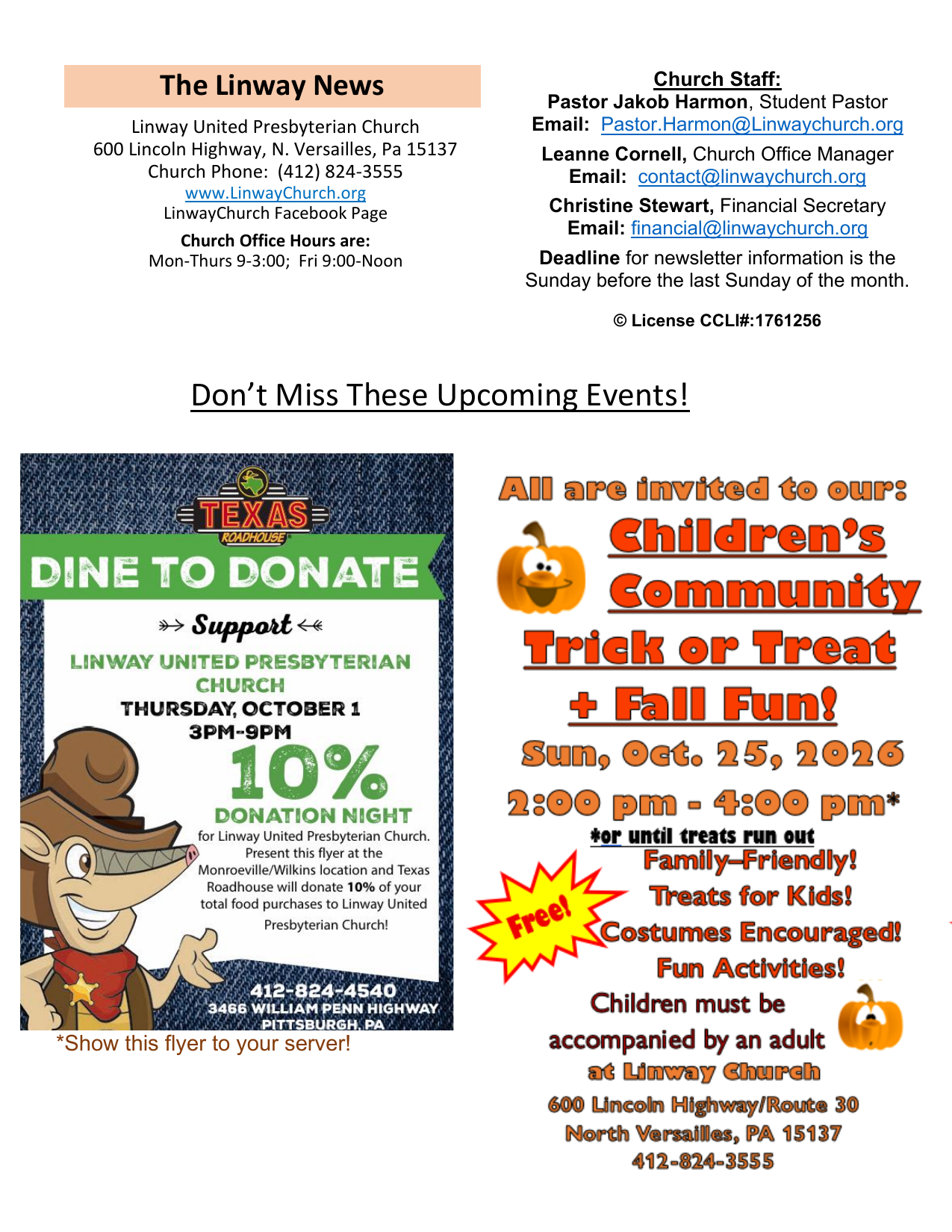 Church Staff, Contact Information & Flyer – The Linway News (September/October 2026)